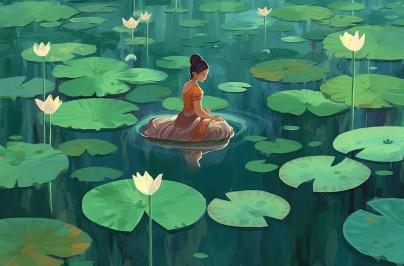 国风美丽女人水中沉思荷花绽放盛开荷叶植物户外唯美插画,插画/手绘图,插画/手绘图库,插画/手绘图下载,插画/手绘